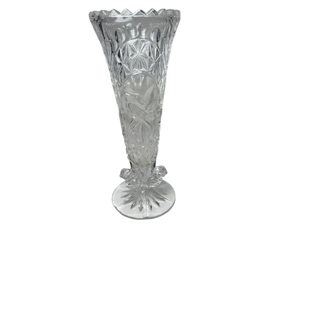 Hofbauer Byrdes Cut Crystal 7” Tall Vase with Sawtooth Edge Birds Fast Shipping